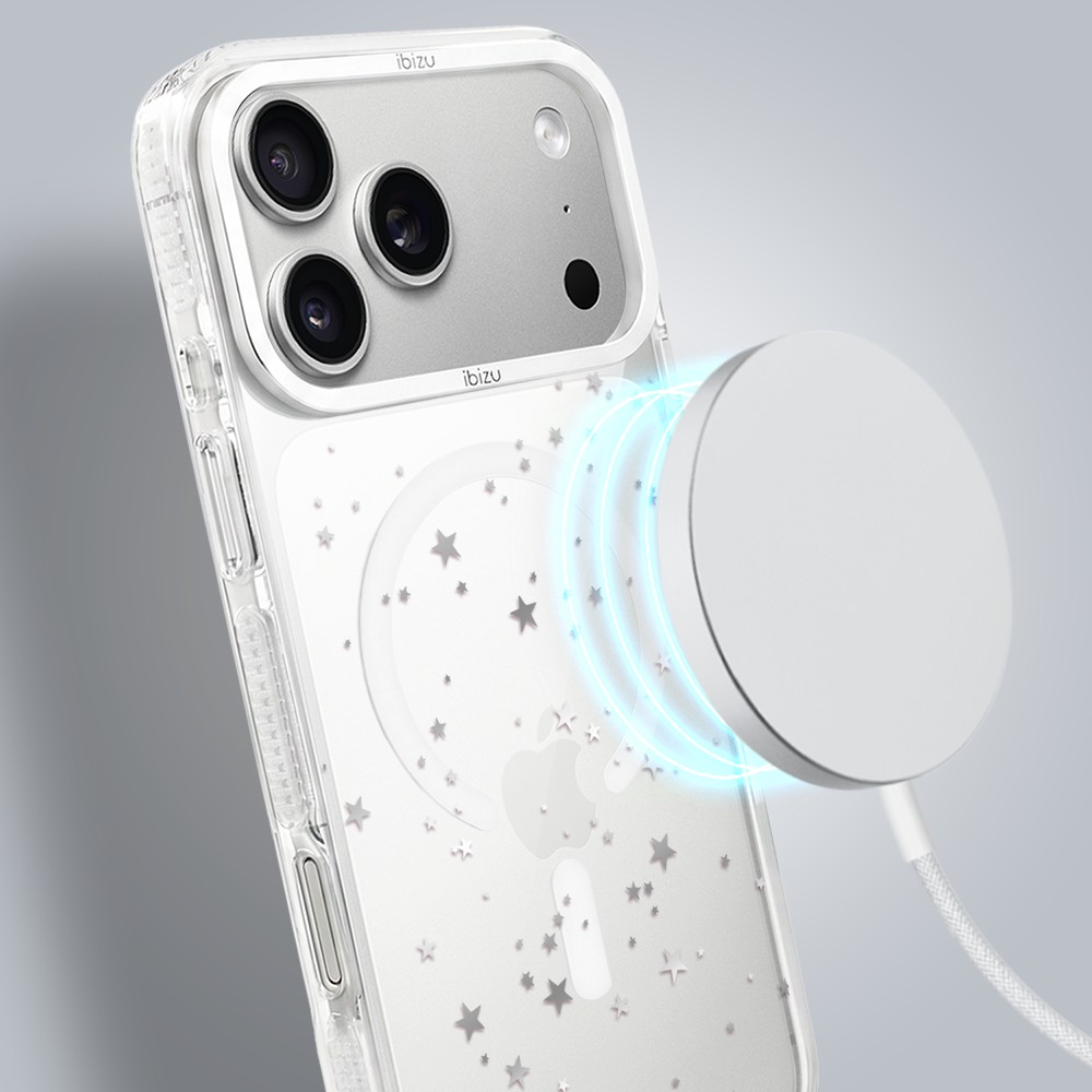 etui do iphone 17 pro ibizu pretty clear, metalowa osłona aparatu, przeźroczyste do magsafe, srebrne gwiazdki