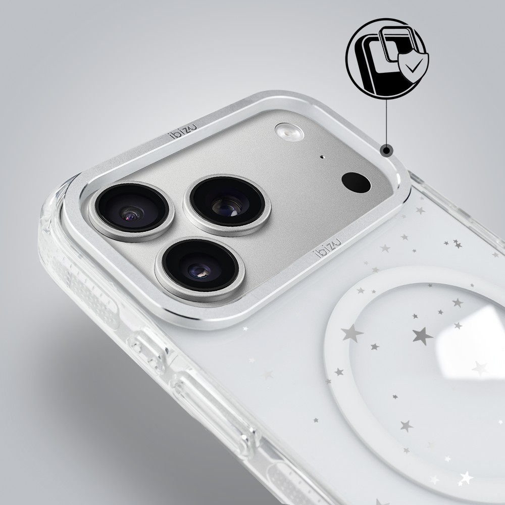 etui do iphone 17 pro ibizu pretty clear, metalowa osłona aparatu, przeźroczyste do magsafe, srebrne gwiazdki