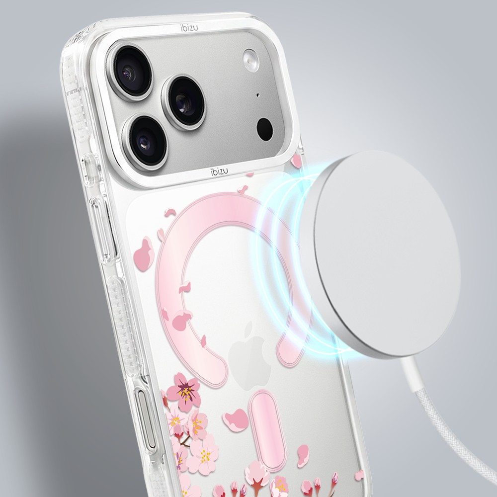 etui do iphone 17 pro max ibizu pretty clear, metalowa osłona aparatu, przeźroczyste do magsafe, kwiat wiśni
