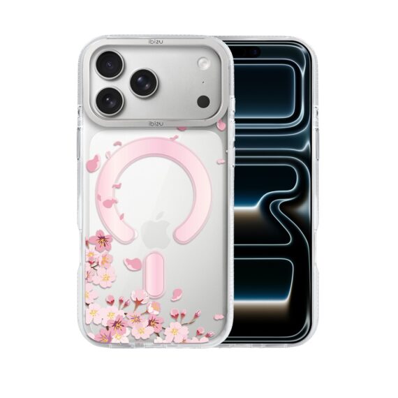 etui do iphone 17 pro max ibizu pretty clear, metalowa osłona aparatu, przeźroczyste do magsafe, kwiat wiśni