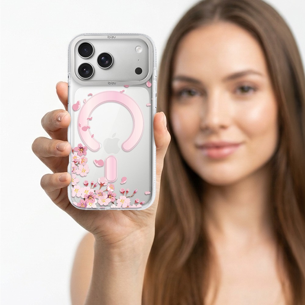 etui do iphone 17 pro max ibizu pretty clear, metalowa osłona aparatu, przeźroczyste do magsafe, kwiat wiśni