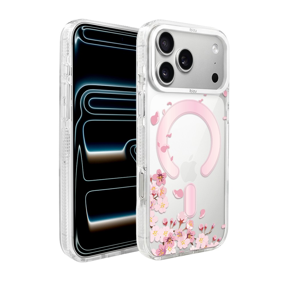 etui do iphone 17 pro max ibizu pretty clear, metalowa osłona aparatu, przeźroczyste do magsafe, kwiat wiśni