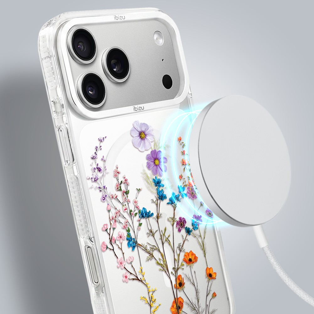 etui do iphone 17 pro max ibizu pretty clear, metalowa osłona aparatu, przeźroczyste do magsafe, kwiaty różnokolorowe