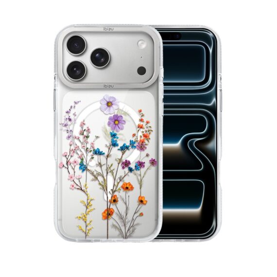 etui do iphone 17 pro max ibizu pretty clear, metalowa osłona aparatu, przeźroczyste do magsafe, kwiaty różnokolorowe