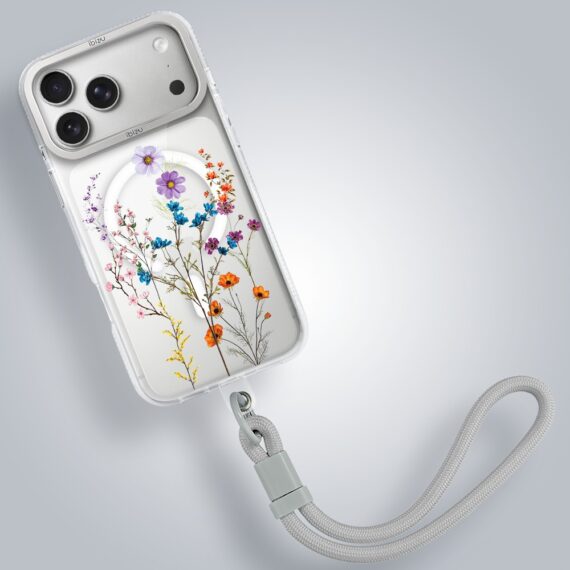 etui do iphone 17 pro max ibizu pretty clear, metalowa osłona aparatu, przeźroczyste do magsafe, kwiaty różnokolorowe