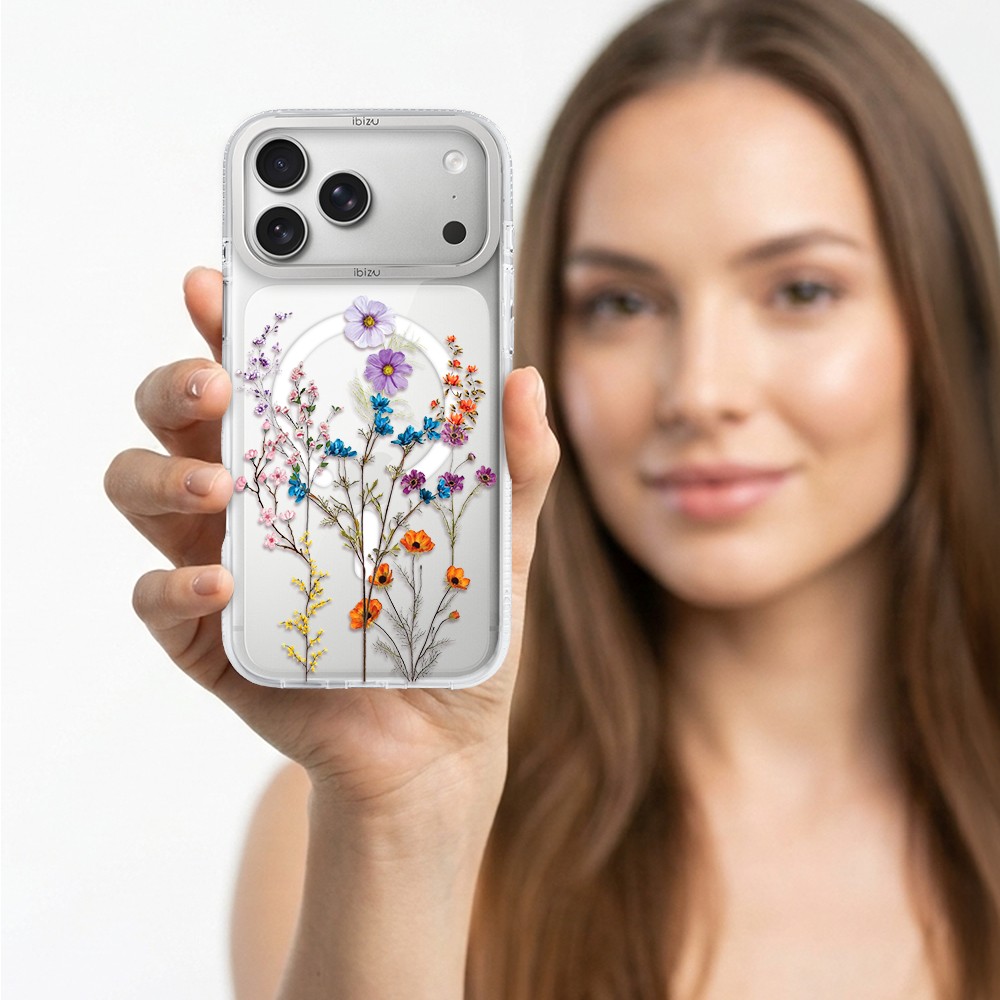 etui do iphone 17 pro max ibizu pretty clear, metalowa osłona aparatu, przeźroczyste do magsafe, kwiaty różnokolorowe