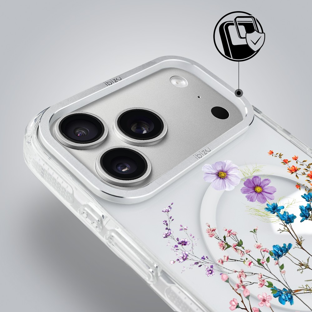 etui do iphone 17 pro max ibizu pretty clear, metalowa osłona aparatu, przeźroczyste do magsafe, kwiaty różnokolorowe