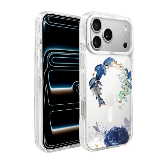 etui do iphone 17 pro max ibizu pretty clear, metalowa osłona aparatu, przeźroczyste do magsafe, niebieskie kwiaty