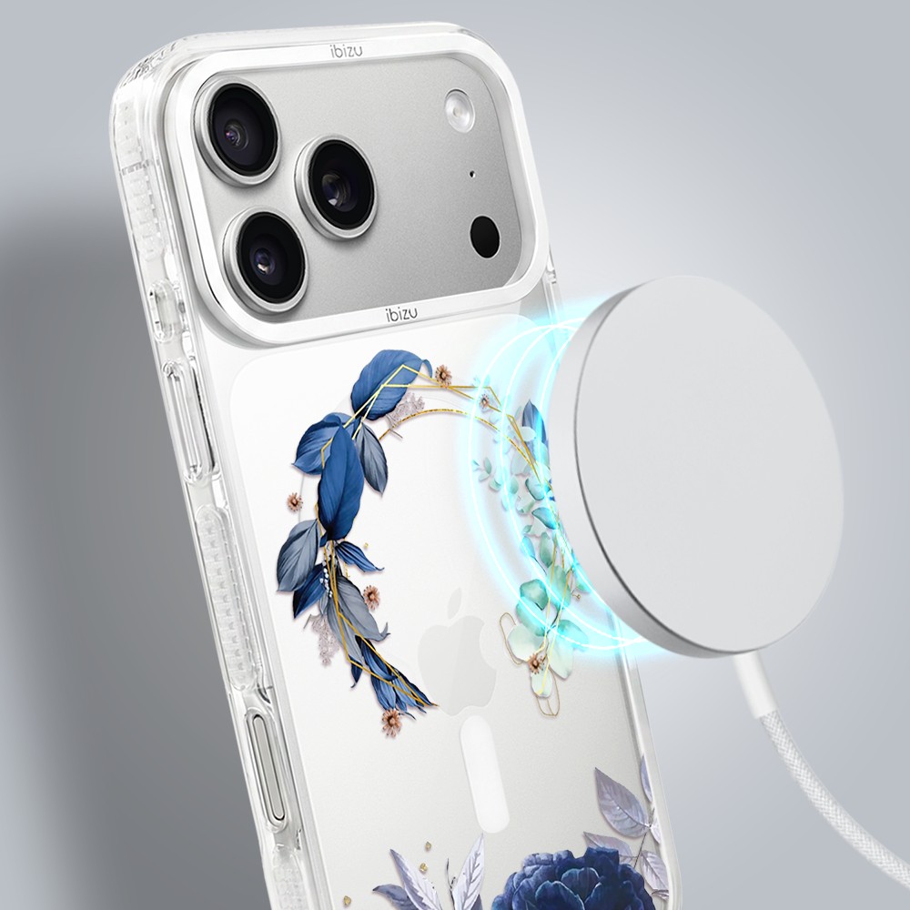 etui do iphone 17 pro max ibizu pretty clear, metalowa osłona aparatu, przeźroczyste do magsafe, niebieskie kwiaty