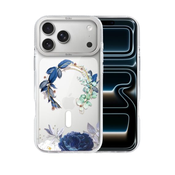 etui do iphone 17 pro max ibizu pretty clear, metalowa osłona aparatu, przeźroczyste do magsafe, niebieskie kwiaty