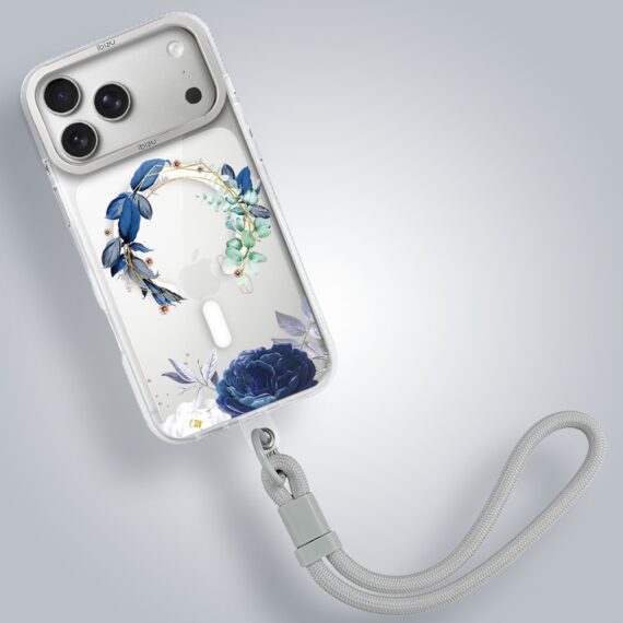 etui do iphone 17 pro max ibizu pretty clear, metalowa osłona aparatu, przeźroczyste do magsafe, niebieskie kwiaty