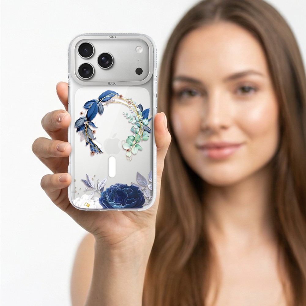 etui do iphone 17 pro max ibizu pretty clear, metalowa osłona aparatu, przeźroczyste do magsafe, niebieskie kwiaty