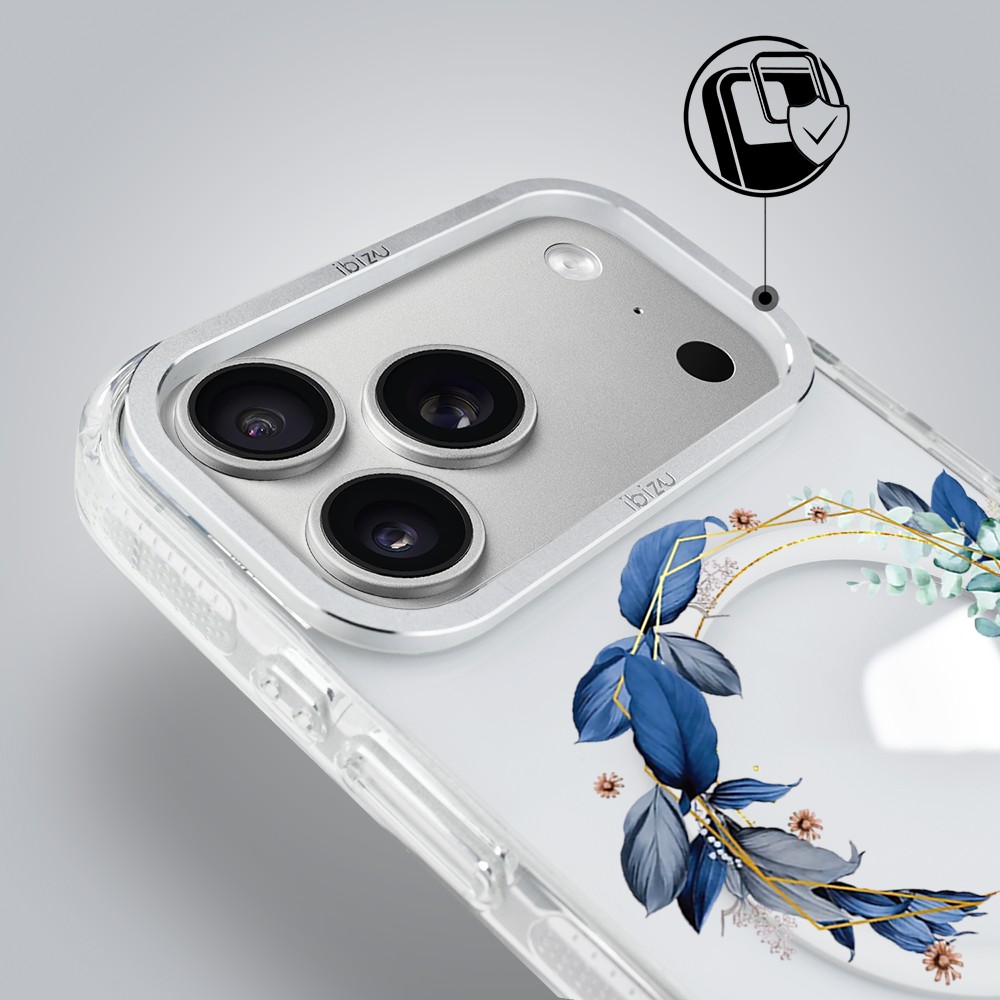 etui do iphone 17 pro max ibizu pretty clear, metalowa osłona aparatu, przeźroczyste do magsafe, niebieskie kwiaty