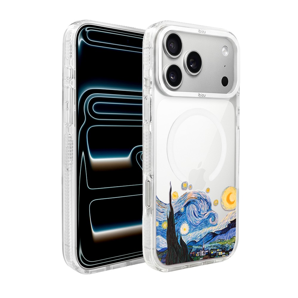 etui do iphone 17 pro max ibizu pretty clear, metalowa osłona aparatu, przeźroczyste do magsafe, obraz van gogh