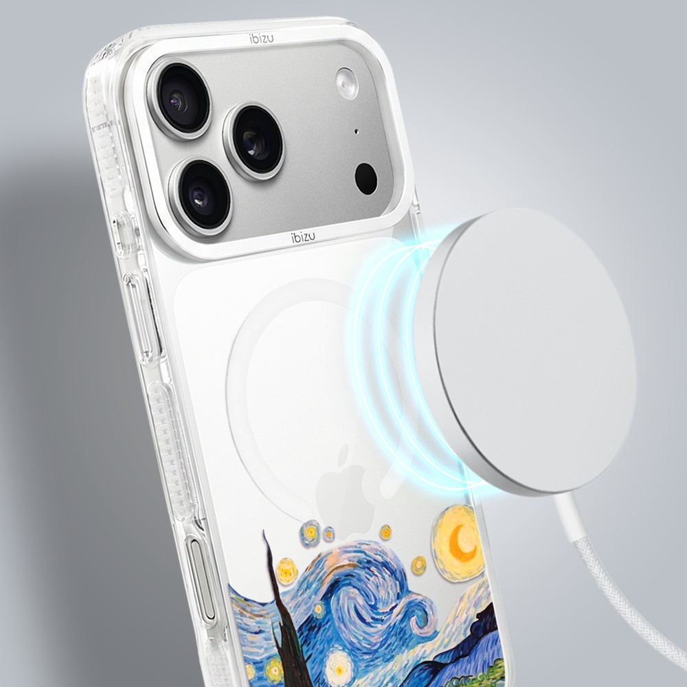 etui do iphone 17 pro max ibizu pretty clear, metalowa osłona aparatu, przeźroczyste do magsafe, obraz van gogh