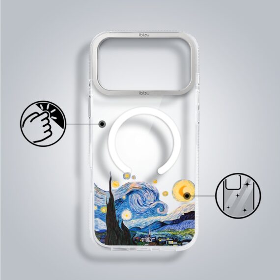 etui do iphone 17 pro max ibizu pretty clear, metalowa osłona aparatu, przeźroczyste do magsafe, obraz van gogh