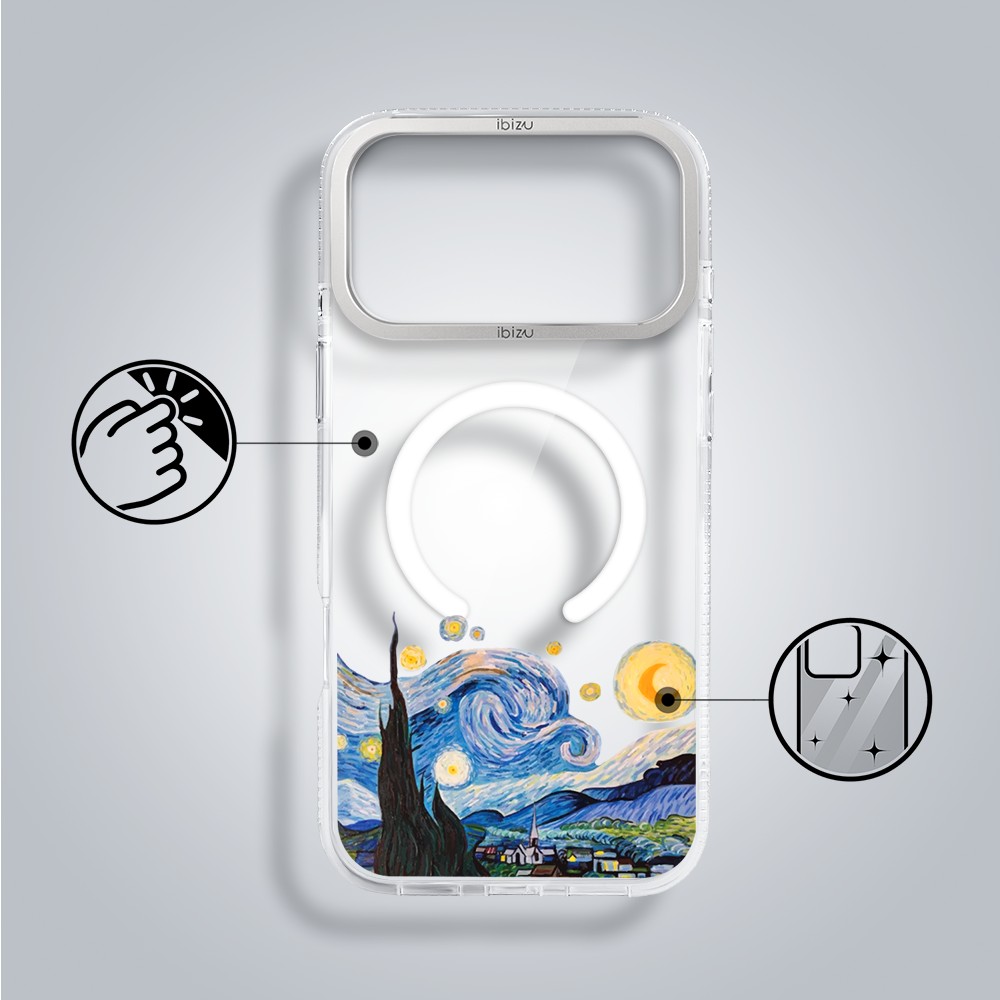 etui do iphone 17 pro max ibizu pretty clear, metalowa osłona aparatu, przeźroczyste do magsafe, obraz van gogh