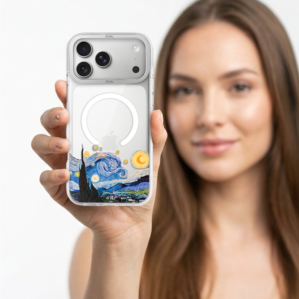 etui do iphone 17 pro max ibizu pretty clear, metalowa osłona aparatu, przeźroczyste do magsafe, obraz van gogh