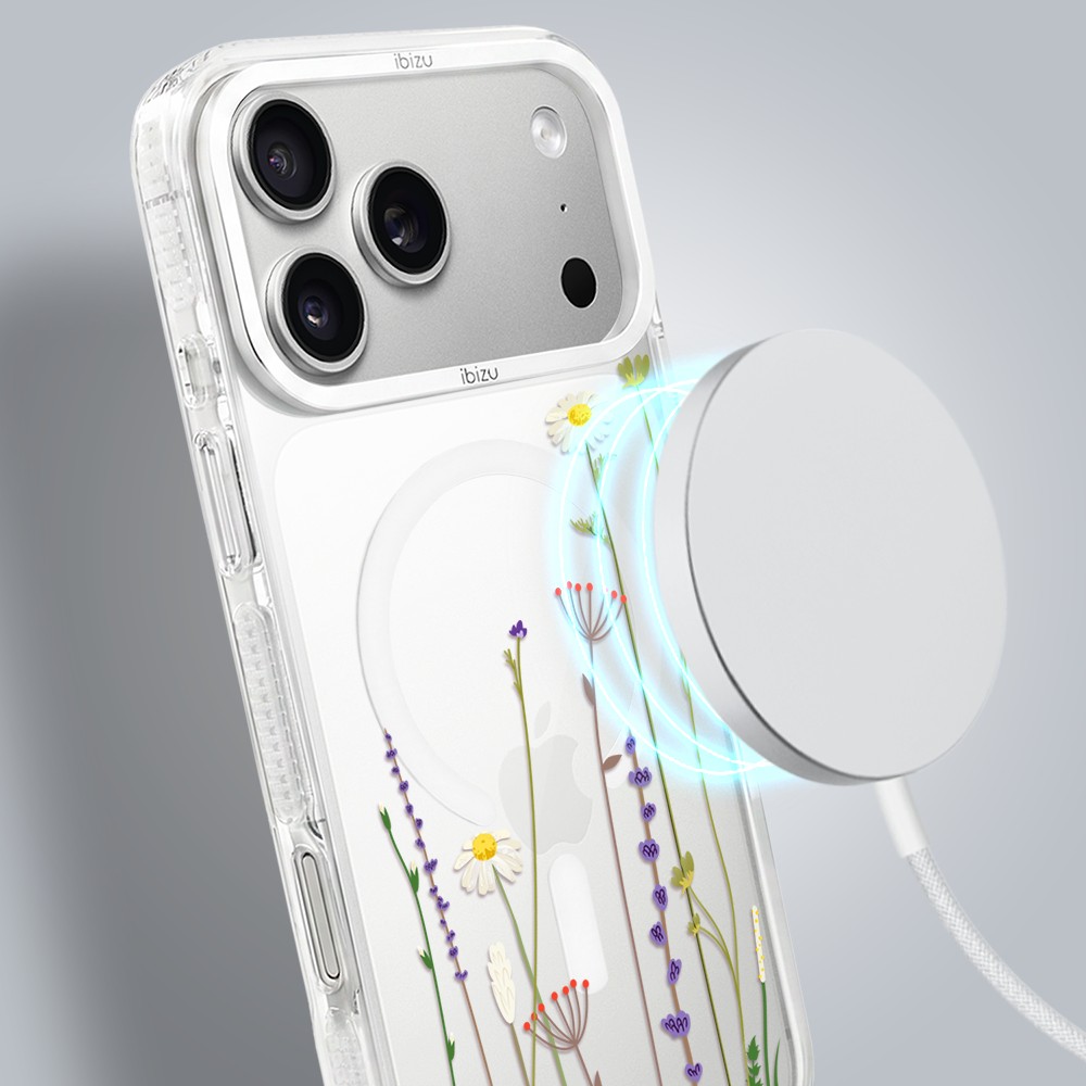 etui do iphone 17 pro max ibizu pretty clear, metalowa osłona aparatu, przeźroczyste do magsafe, wiosenne kwiaty