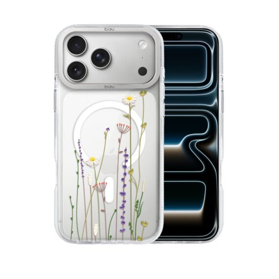 etui do iphone 17 pro max ibizu pretty clear, metalowa osłona aparatu, przeźroczyste do magsafe, wiosenne kwiaty