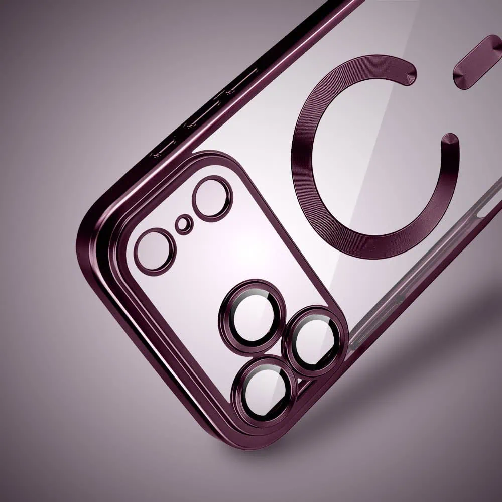 etui do iphone 17 pro max magsafe luxury protect przeźroczyste, hybrydowa ochrona kamery, wiśniowe, burgundowe