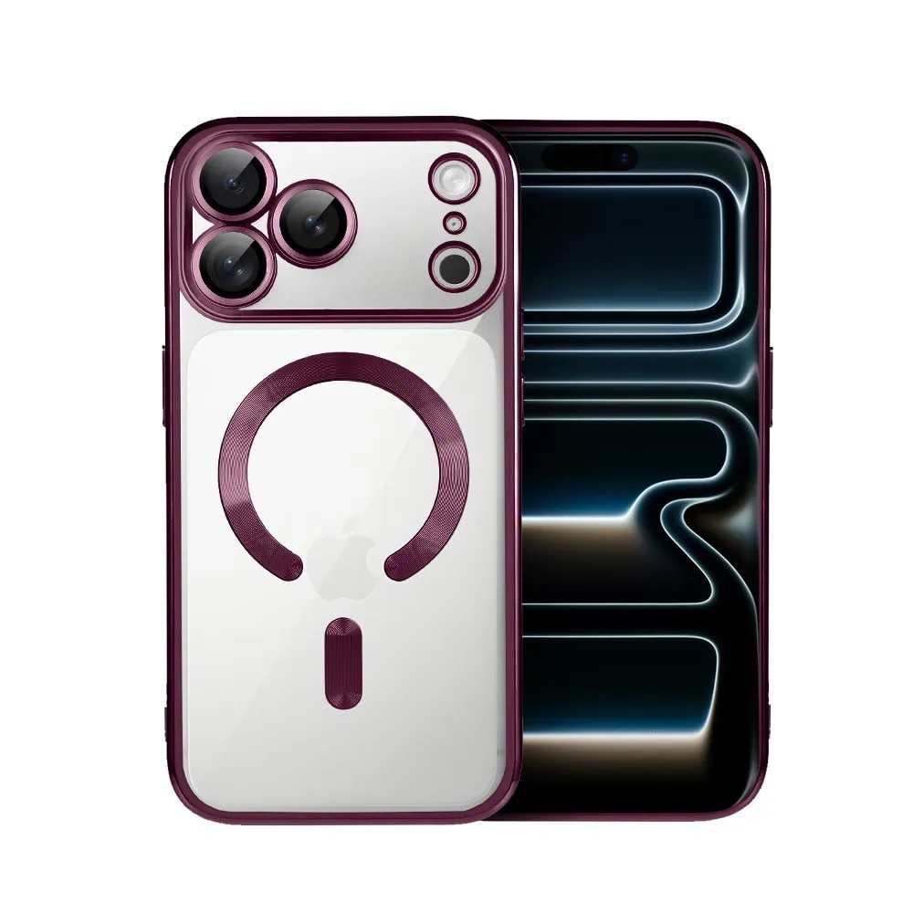 etui do iphone 17 pro max magsafe luxury protect przeźroczyste, hybrydowa ochrona kamery, wiśniowe, burgundowe
