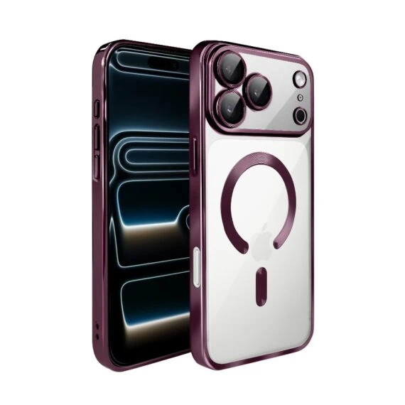 etui do iphone 17 pro max magsafe luxury protect przeźroczyste, hybrydowa ochrona kamery, wiśniowe, burgundowe