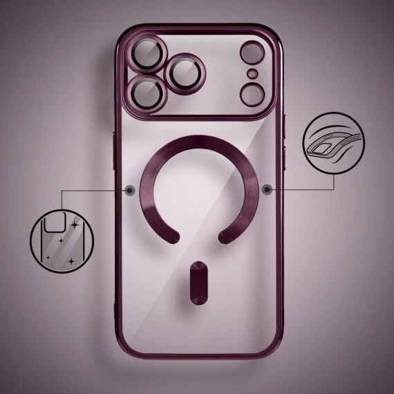 etui do iphone 17 pro max magsafe luxury protect przeźroczyste, hybrydowa ochrona kamery, wiśniowe, burgundowe