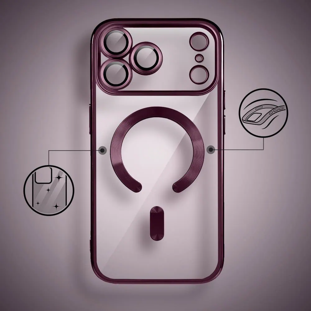 etui do iphone 17 pro max magsafe luxury protect przeźroczyste, hybrydowa ochrona kamery, wiśniowe, burgundowe