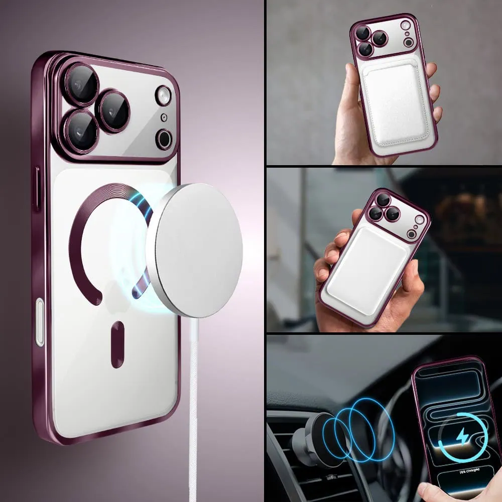etui do iphone 17 pro max magsafe luxury protect przeźroczyste, hybrydowa ochrona kamery, wiśniowe, burgundowe