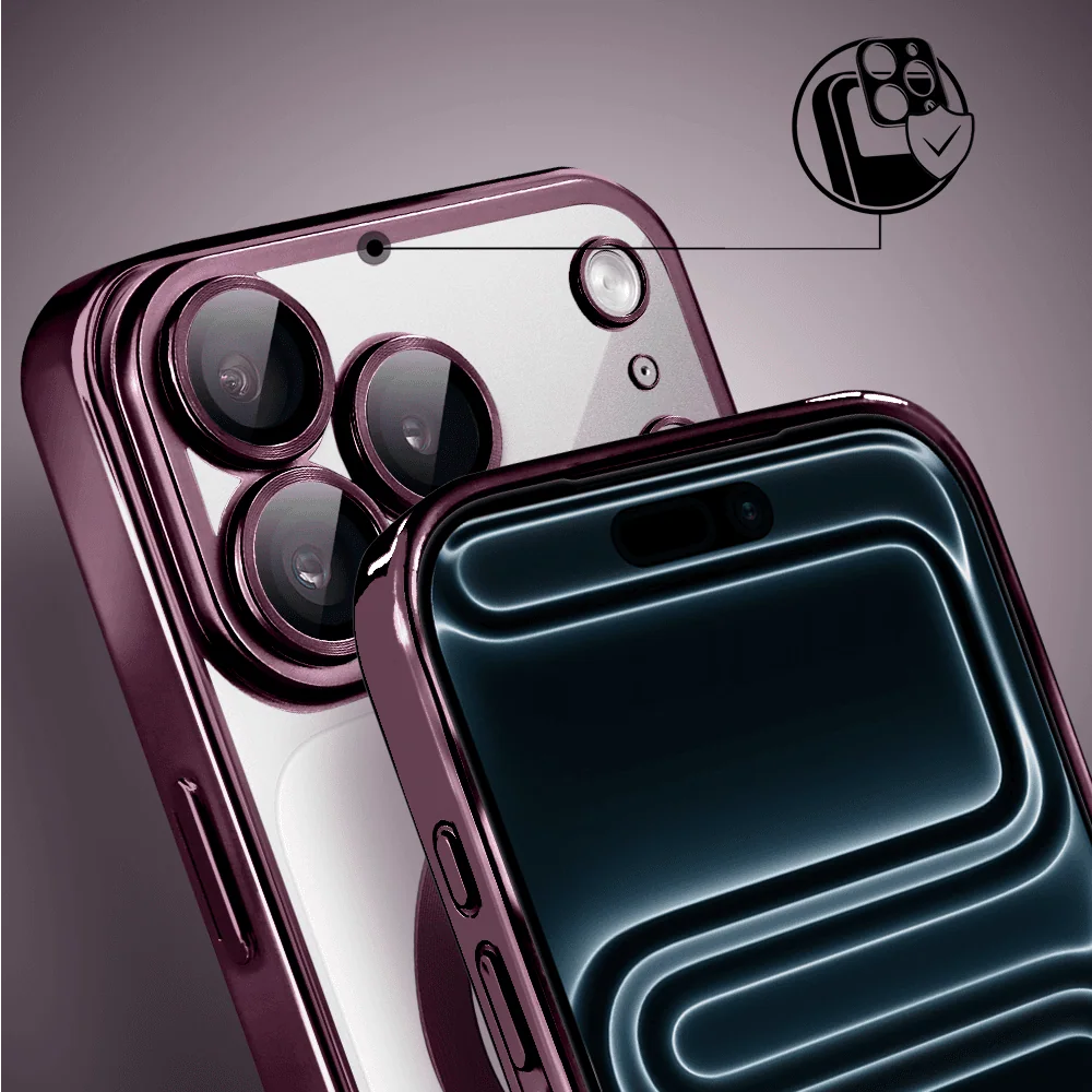 etui do iphone 17 pro max magsafe luxury protect przeźroczyste, hybrydowa ochrona kamery, wiśniowe, burgundowe