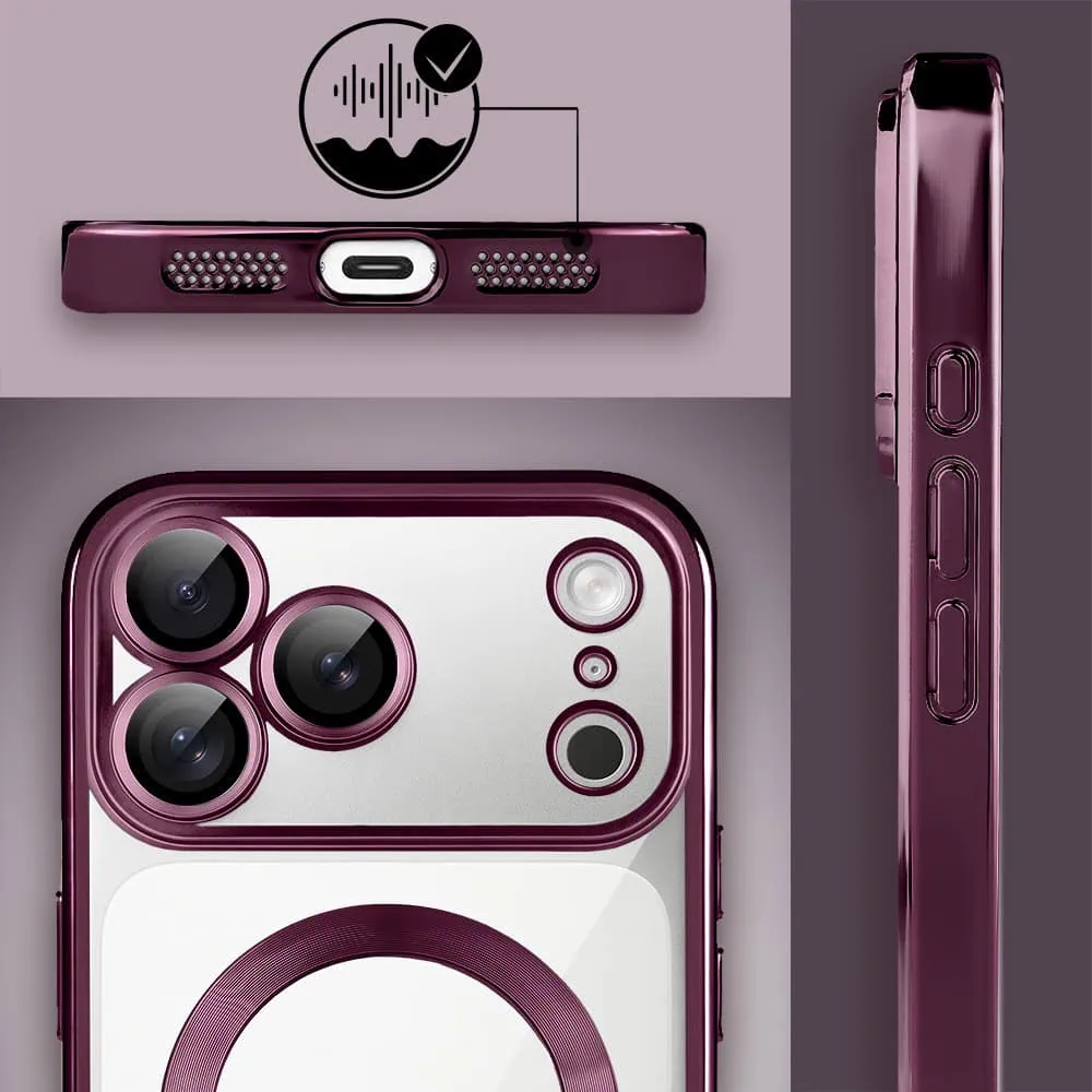 etui do iphone 17 pro max magsafe luxury protect przeźroczyste, hybrydowa ochrona kamery, wiśniowe, burgundowe