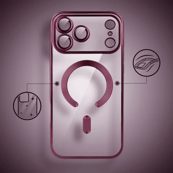 etui do iphone 17 pro max magsafe luxury protect przeźroczyste, z osłoną aparatu, titanium finish, burgundowe