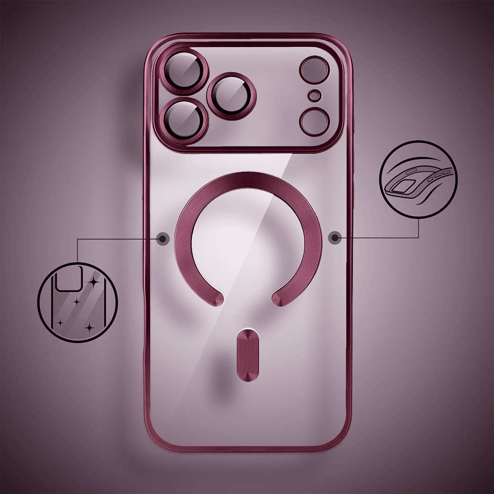 etui do iphone 17 pro max magsafe luxury protect przeźroczyste, z osłoną aparatu, titanium finish, burgundowe