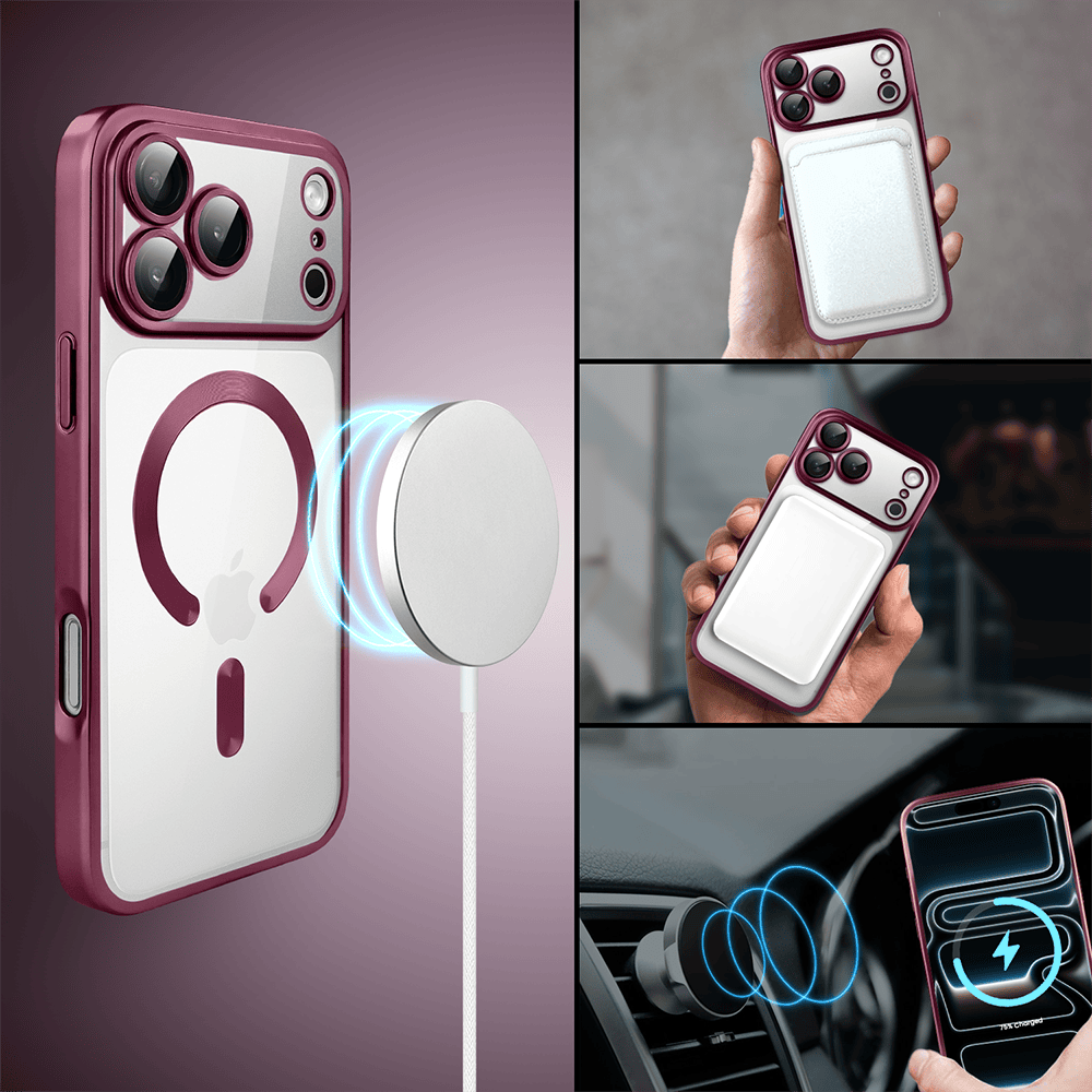 etui do iphone 17 pro max magsafe luxury protect przeźroczyste, z osłoną aparatu, titanium finish, burgundowe