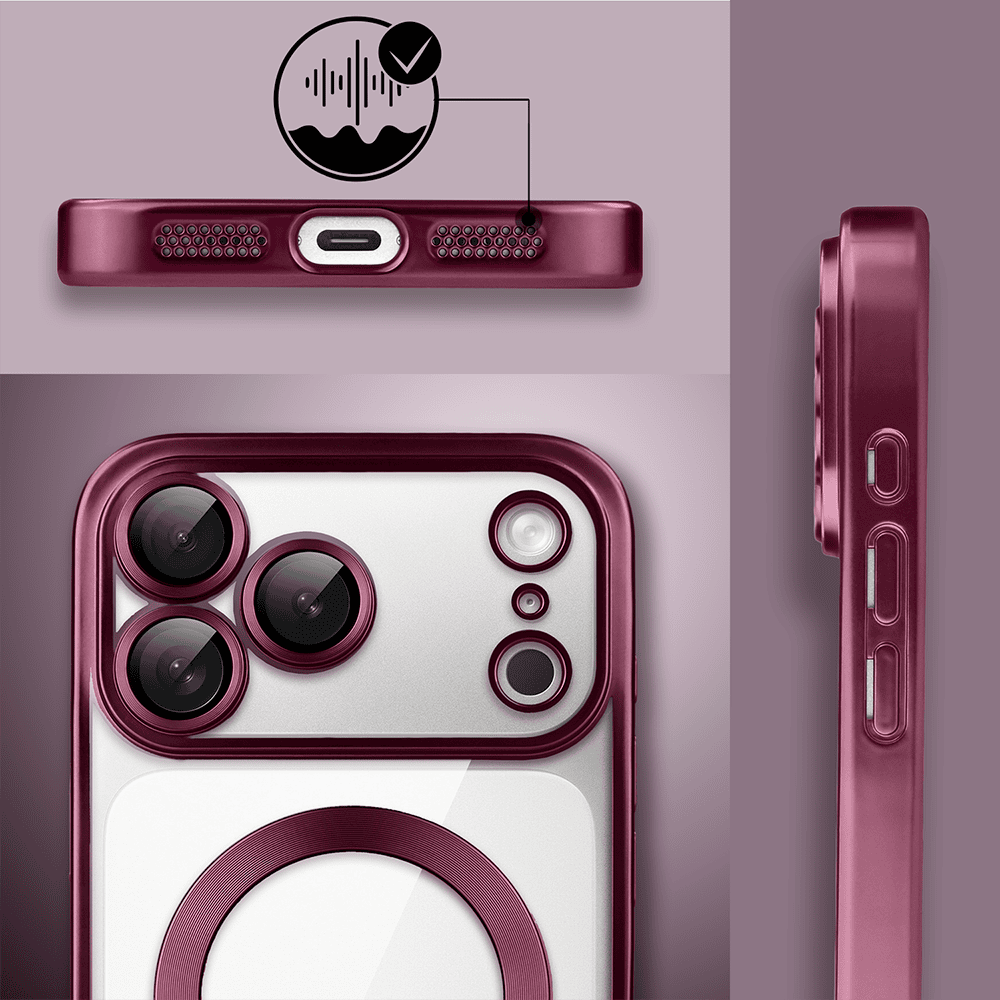 etui do iphone 17 pro max magsafe luxury protect przeźroczyste, z osłoną aparatu, titanium finish, burgundowe