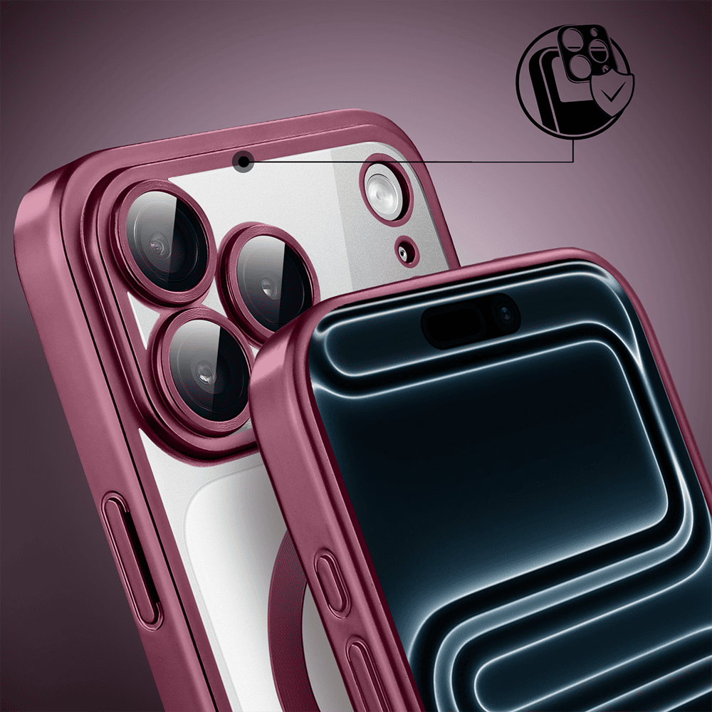 etui do iphone 17 pro max magsafe luxury protect przeźroczyste, z osłoną aparatu, titanium finish, burgundowe