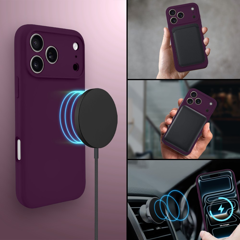 etui do iphone 17 pro max, silikonowe z magsafe, mikrofibra soft touch z osłoną na aparat, burgundowe
