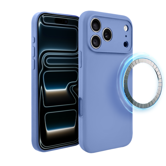 etui do iphone 17 pro, silikonowe z magsafe, mikrofibra soft touch z osłoną na aparat, błękit lodowca
