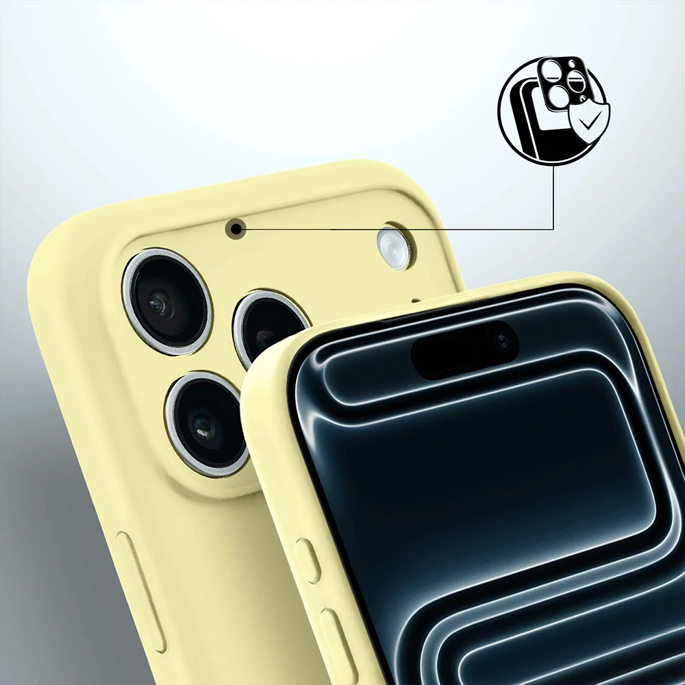 Etui do iPhone 17 Pro silikonowe z mikrofibrą soft touch z osłoną na aparat, jasny żółty (1) etui do iphone 17 pro silikonowe z mikrofibrą soft touch z osłoną na aparat, jasny żółty