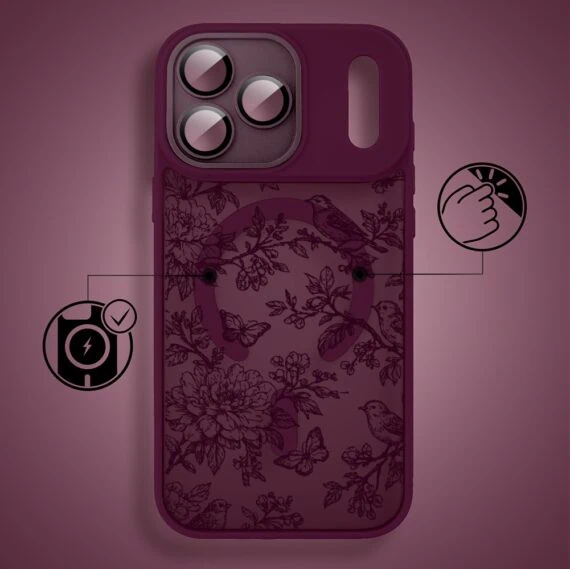 etui do iphone 18 pro color flush z magsafe, z osłoną aparatu, nocna botanika, burgundowe