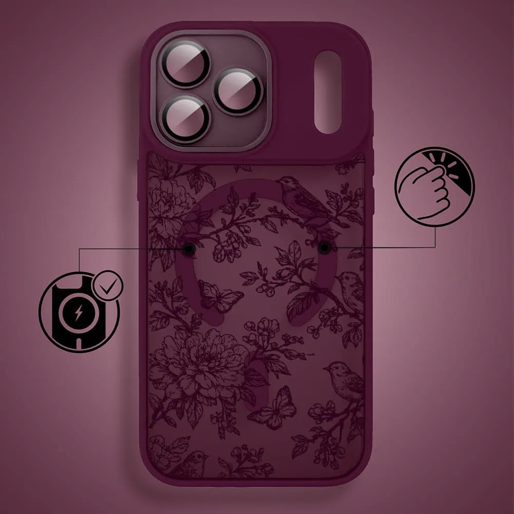 etui do iphone 18 pro color flush z magsafe, z osłoną aparatu, nocna botanika, burgundowe