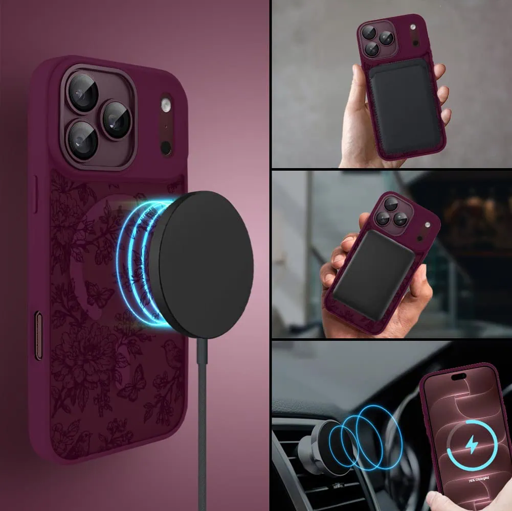 etui do iphone 18 pro color flush z magsafe, z osłoną aparatu, nocna botanika, burgundowe