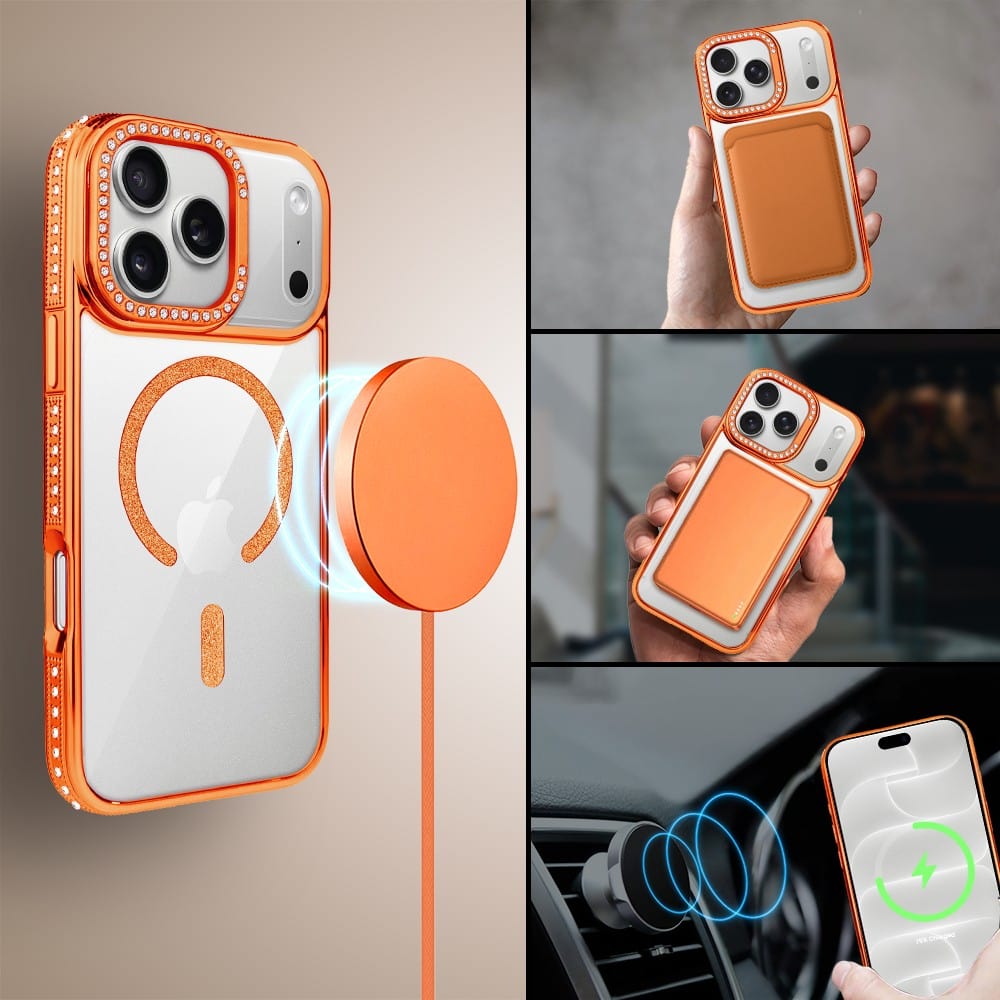 etui do iphone 18 pro diadem glow, przeźroczyste z magsafe, błyszczące z podstawką, pomarańczowe