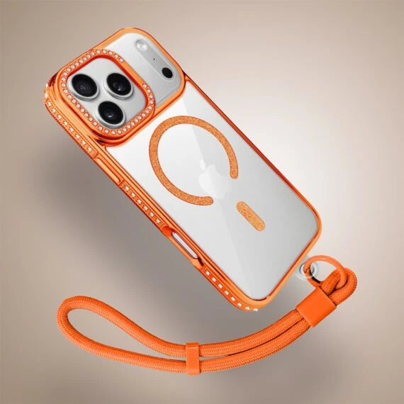 etui do iphone 18 pro diadem glow, przeźroczyste z magsafe, błyszczące z podstawką, pomarańczowe