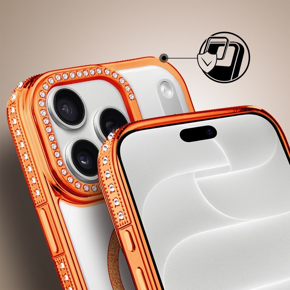 etui do iphone 18 pro diadem glow, przeźroczyste z magsafe, błyszczące z podstawką, pomarańczowe