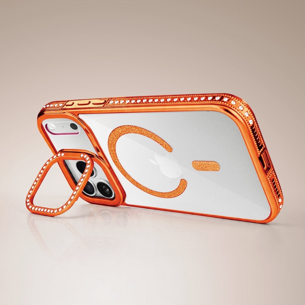 etui do iphone 18 pro diadem glow, przeźroczyste z magsafe, błyszczące z podstawką, pomarańczowe