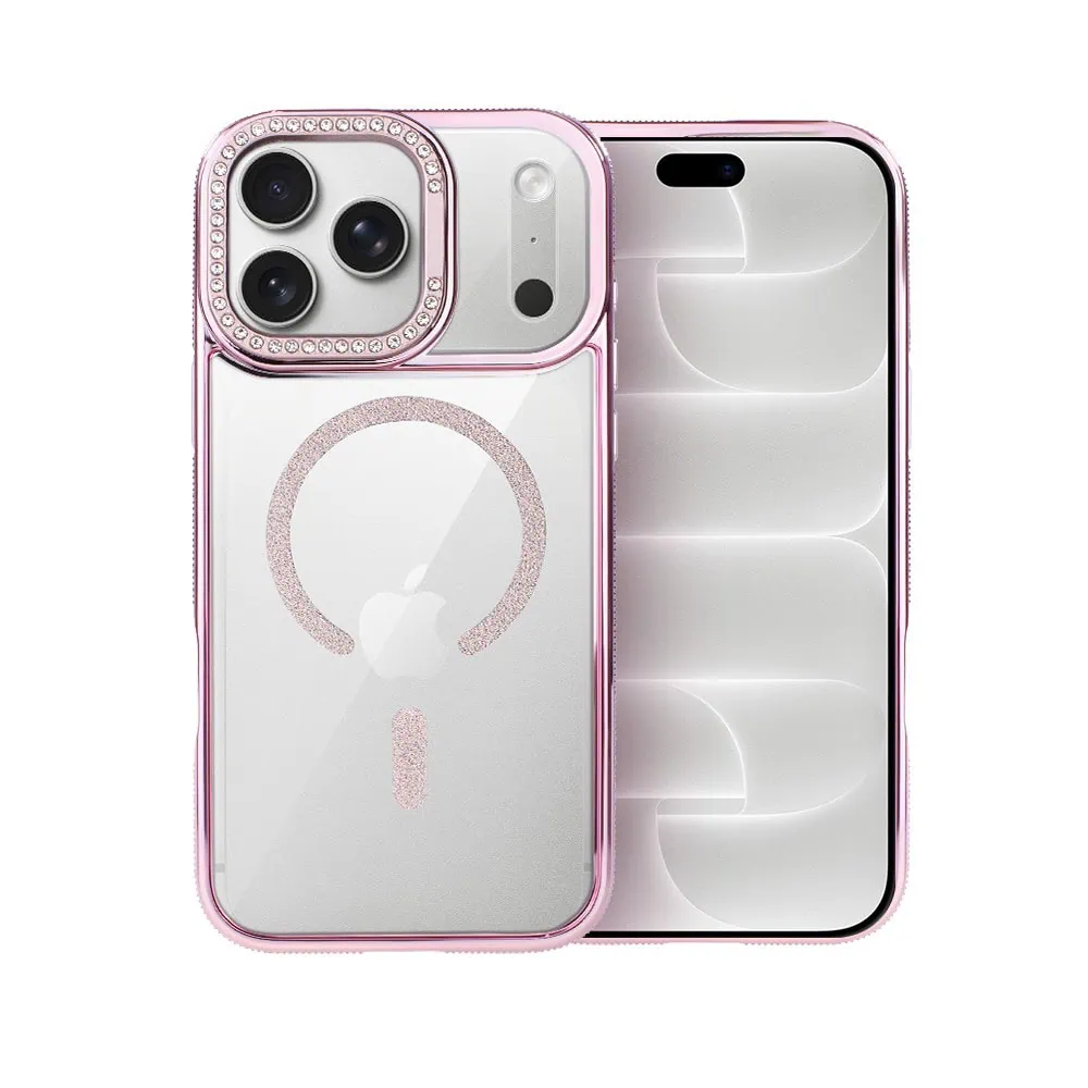 etui do iphone 18 pro diadem glow, przeźroczyste z magsafe, błyszczące z podstawką, różowe