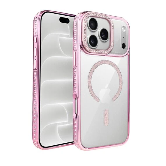 etui do iphone 18 pro diadem glow, przeźroczyste z magsafe, błyszczące z podstawką, różowe