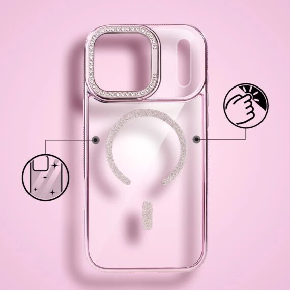 etui do iphone 18 pro diadem glow, przeźroczyste z magsafe, błyszczące z podstawką, różowe
